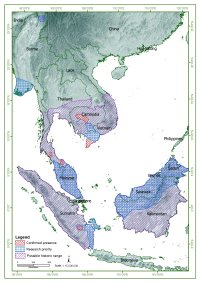 Map of south-east Asia showing seven tiny areas of population, and larger areas where further survey is recommended